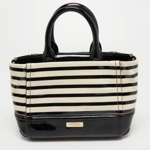 Pre Owned Kate Spade Black/Off White Striped Patent Leather Bow Tote