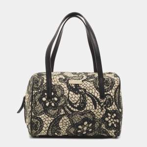 Pre Owned Kate Spade Black/White Lace Print Canvas and Leather Satchel