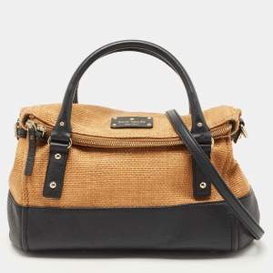 Kate Spade Black/Brown Woven Raffia and Leather Leslie Foldover Tote