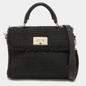 Kate Spade Black Tweed and Leather Turnlock Top Handle Bag
