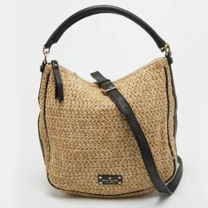 Kate Spade Beige/Black Woven Straw and Leather Cobble Hill Hobo