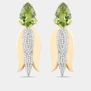 Pre Owned 4.02 cts Peridot and Diamond 14K Yellow Gold Tulip Drop Earrings