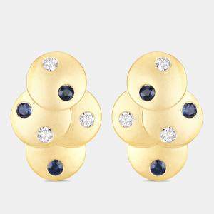 Pre Owned 1.00 cts Blue Sapphire and Diamond 14K Yellow Gold Layered Disc Studs