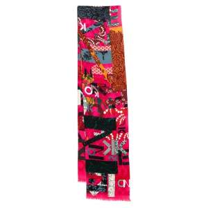 Kenzo Pink Logo Print Wool Blend Scarf