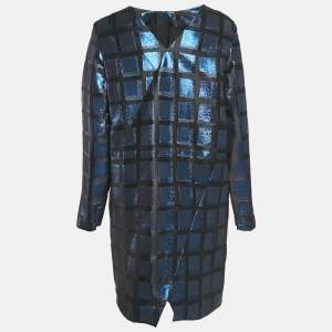 Kenzo Metallic Blue/Black Square Jacquard V-Neck Shift Dress L