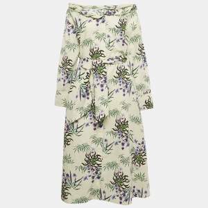 Kenzo Cream Floral Print Cotton Blend Collar Roll Midi Dress L