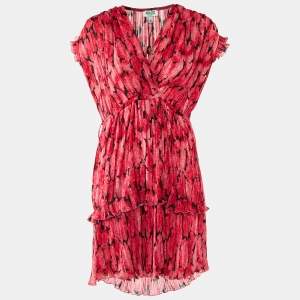 Kenzo Dark Pink Printed Plisse Soft Flared Dress S