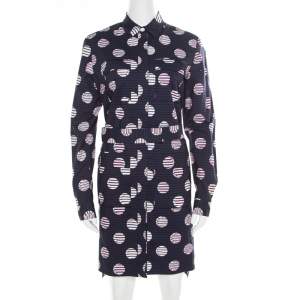 Pre Owned Kenzo Navy Blue Dot and Stripe Printed Cotton Belted Shirt Dress M