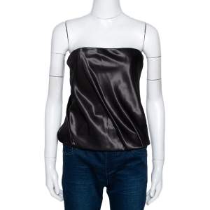 Pre Owned Kenzo Black Cotton Silk Blend Gathered Strapless Top M