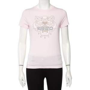 Pre Owned تي شيرت كينزو قطن وردي فاتح طباعة تايغر بشعار الماركة مقاس صغير جدًا - إكس لارج 