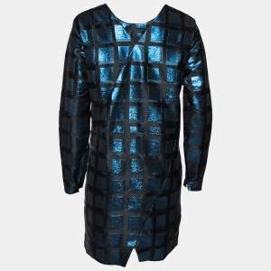 Kenzo Blue-Black Metallic Square Jacquard Long Sleeve Shift Dress L