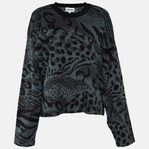 Pre Owned Kenzo Grey Leopard Print Wool & Cotton Jumper XL