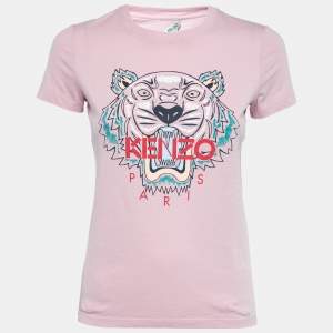 Pre Owned Kenzo Pink Tiger Logo Printed Cotton Short Sleeve T-Shirt XS