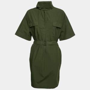 Pre Owned Kenzo Khaki Green Cotton Belted Short Sleeve Dress M