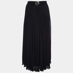 Kenzo Black Pleated Chiffon Belted Midi Skirt M