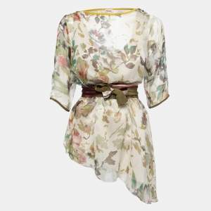 Pre Owned Kenzo Beige Floral Printed Silk Belted Tunic M