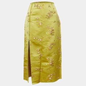 Kenzo Green Floral Jacquard Satin Slit Detail Midi Skirt M