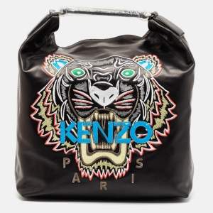 Kenzo Black Leather Embroidered Tiger Tote