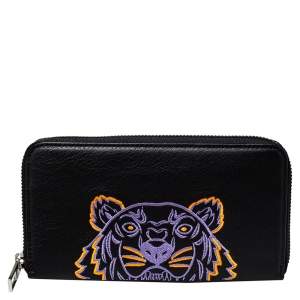 Pre Owned Kenzo Black Tiger Embroidered Leather Zip Around Wallet