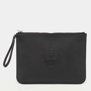مملوكة مسبقًا Kenzo Black Tiger Engraved Leather Wristlet Pouch