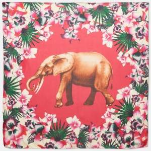 Kenzo Pink Elephant and Floral Print Silk Scarf