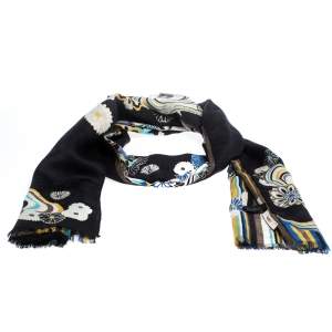Kenzo Black Floral Jacquard and Printed Silk & Wool Scarf