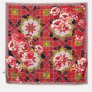 Kenzo Red Floral Print Silk Square Scarf