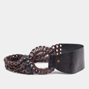 Kenzo Brown/Black Link Leather Round Buckle Waist Belt 