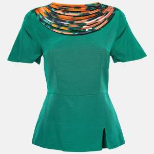 Kenzo Green Cotton Blend Patterned Neck Top S