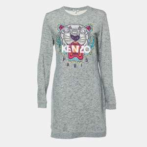 Kenzo Grey Melange Knit Tiger Embroidered Sweater Dress L