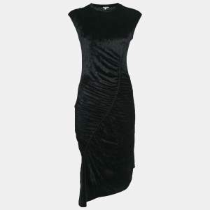 Kenzo Black Stretch Velour Ruched Asymmetric Midi Dress S