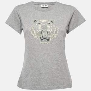 Kenzo Grey Tiger Logo Flocked Jersey T-Shirt S