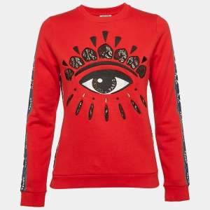 Pre Owned Kenzo Red Eye Logo Embroidered Cotton Knit Sweatshirt M