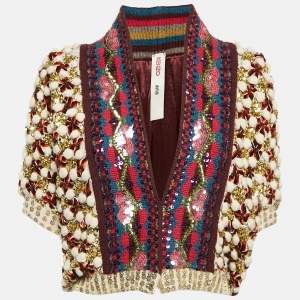 Pre Owned Kenzo défilé Beige Sequin Embellished Heavy Knit Crop Cardigan M