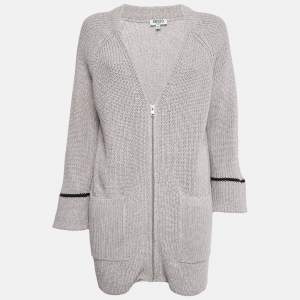Pre Owned Kenzo Grey Cotton and Wool Knit Zip-Up Cardigan XS