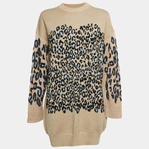 Kenzo Camel Brown Tiger Pattern Wool Blend Knit Mini Dress S