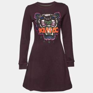 Pre Owned Kenzo Purple Tiger Embroidered Cotton Mini Dress S
