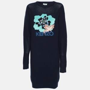 Kenzo Navy Blue Wool Knit Logo Embellished Sweater S