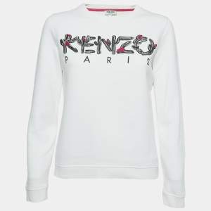 Kenzo White Logo Embroidered Cotton Crew Neck Sweatshirt S