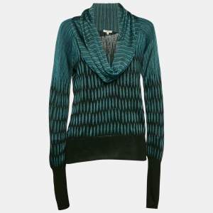 Kenzo Black & Teal Patterned Knit Cowl Neck Sweater XL