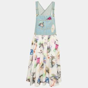 Kenzo Blue Eyes Print Silk and Denim Applique Detail Midi Dress M