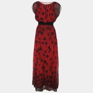 Kenzo Red/Black Floral Print Silk Dress L