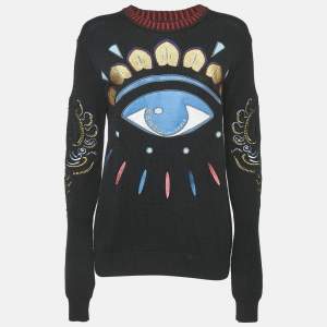 Kenzo Black Eye Embroidered Wool Knit Long Sleeve Sweater S