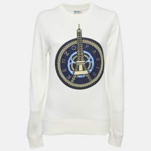 Kenzo Off-White Eiffel Tower Embroidery Cotton Crew Neck Sweatshirt S 