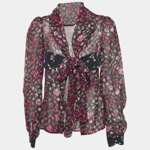 Kenzo Navy Blue Rose Print Silk Tie-Up Detail Shirt M