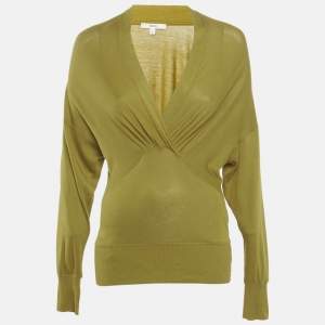 Kenzo Olive Yellow Cotton and Modal Knit V-Neck Long Sleeve Top S