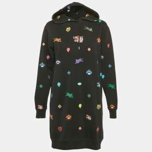 Kenzo Black Tiger Print Cotton Knit Hooded Mini Dress S