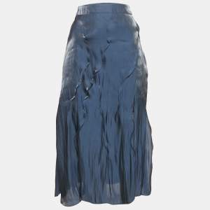 Kenzo Navy Blue Satin Wavy Pin Tucked Midi Skirt M