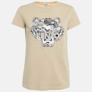 Pre Owned Kenzo Beige Tiger Embroidered Cotton T-Shirt XS