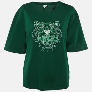Pre Owned Kenzo Green Tonal Tiger Embroidered Cotton T-Shirt L